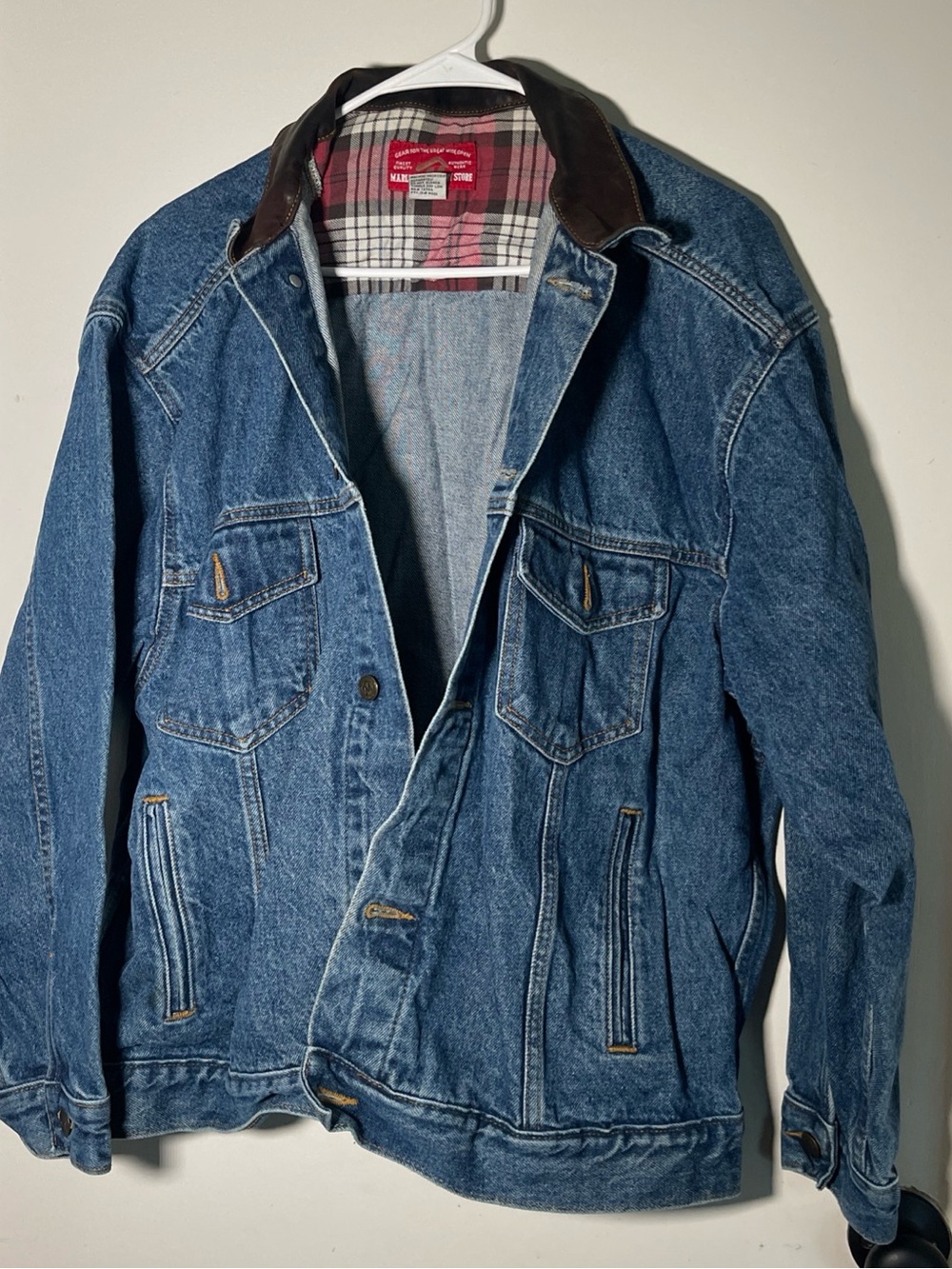 Marlboro Denim Jacket with Brown Leather Collar - Classic Blue